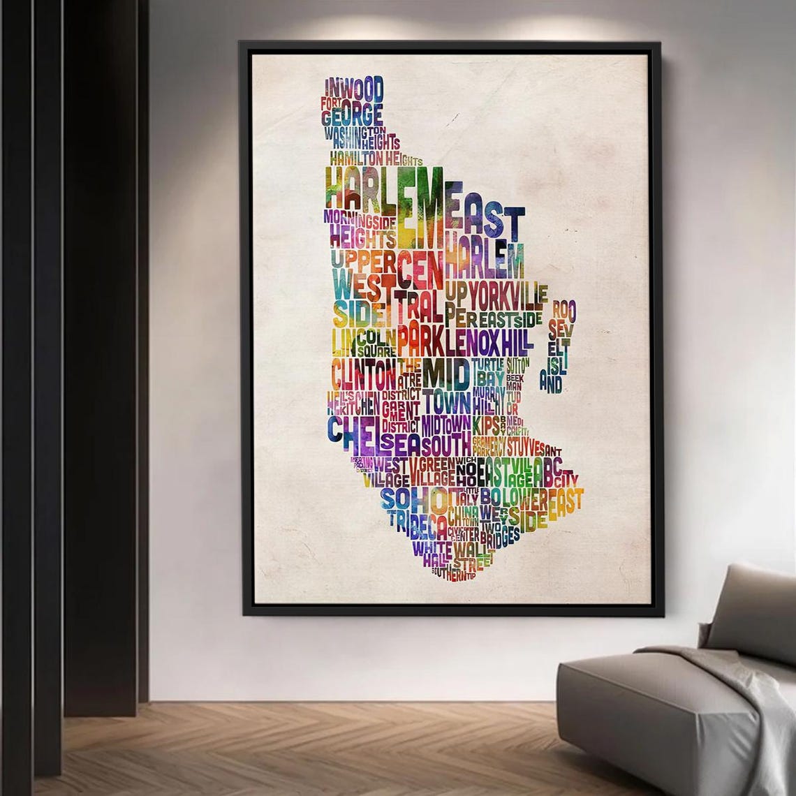 Manhattan New York City Neighborhoods Typography Map Gift Poster