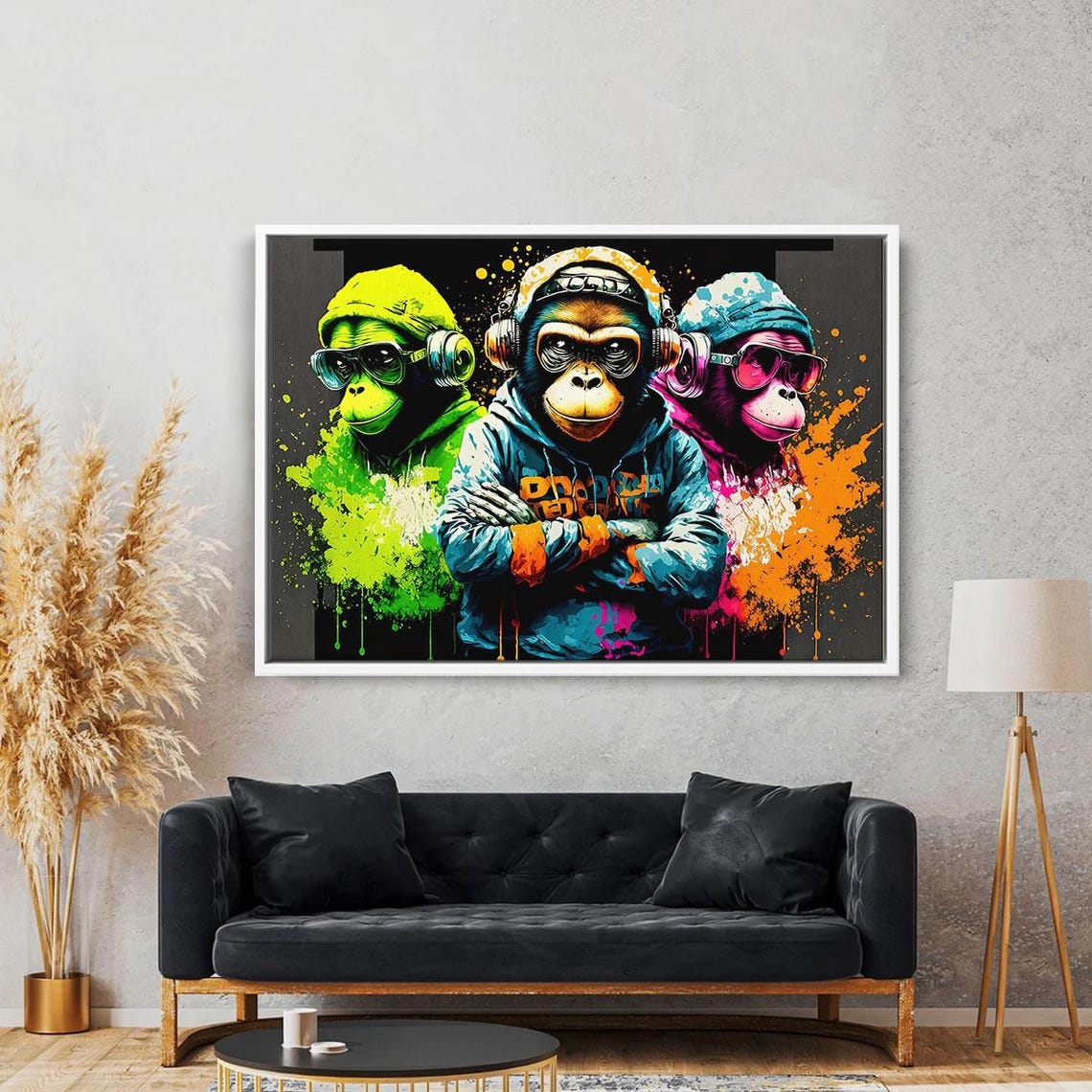 Three Neon Graffiti Monkeys with Headphones Urban Street Art Poster