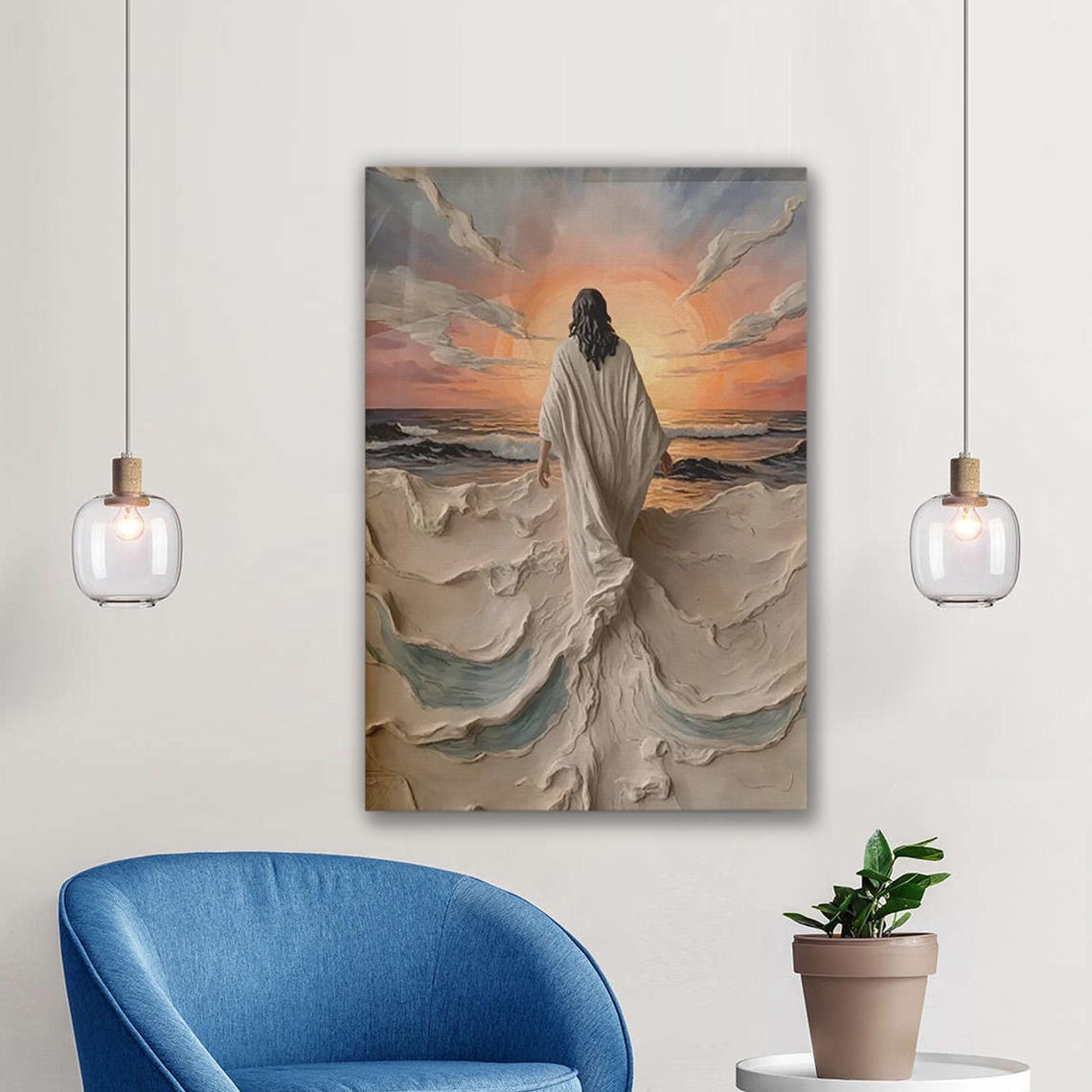 Jesus Walking On Water Sunset Ocean Waves Christian Faith Wall Art