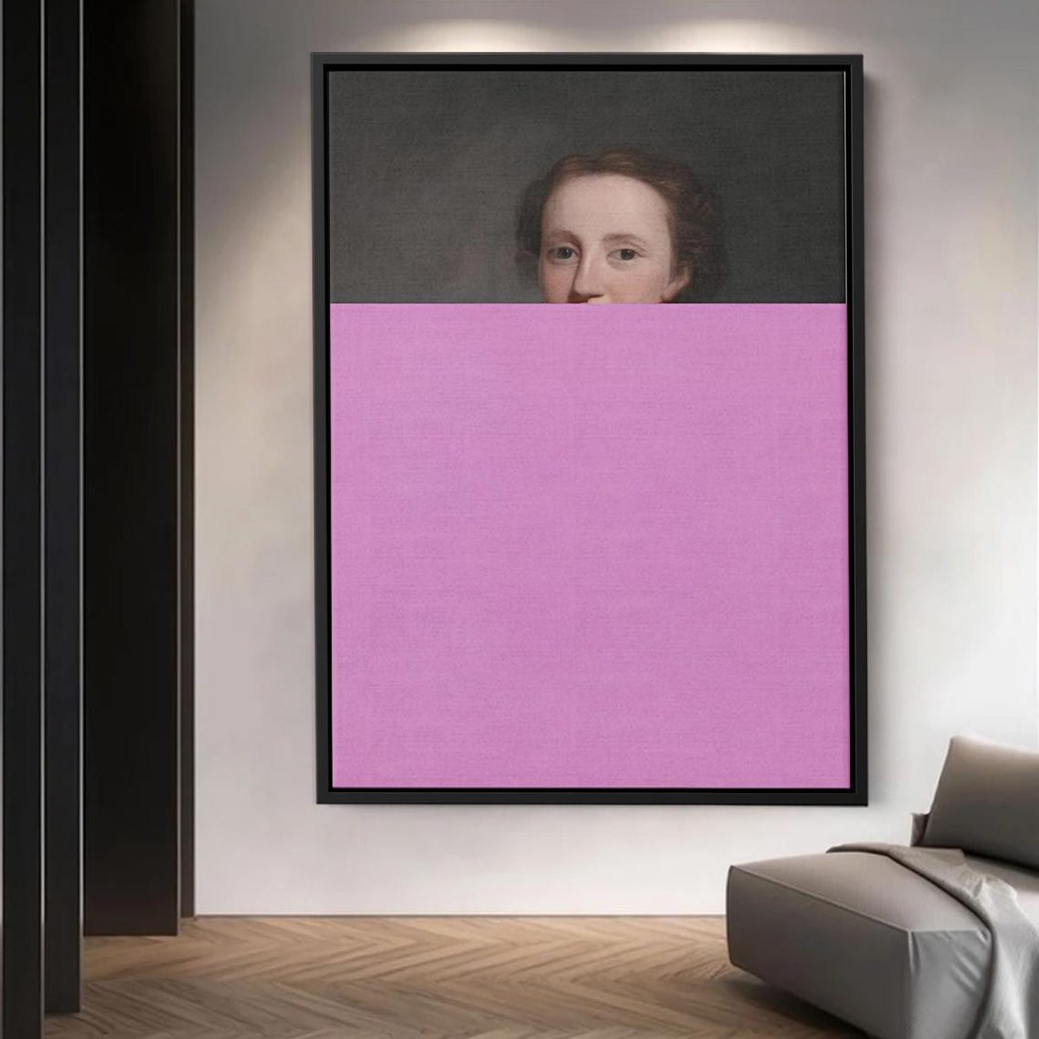 Classic Woman Face Peeking Over Pink Color Block Modern Poster