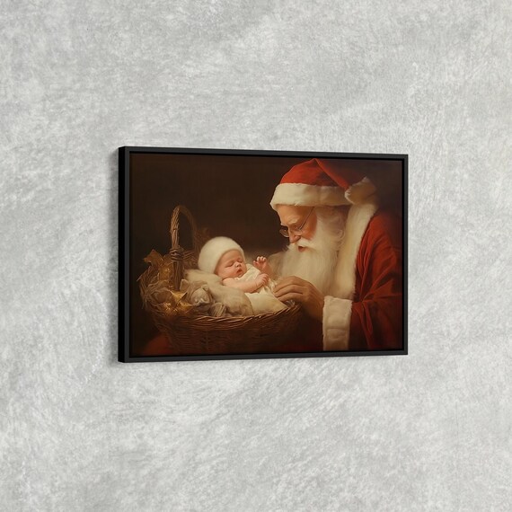 Santa Claus With Sleeping Baby In Basket Vintage Christmas Art Poster