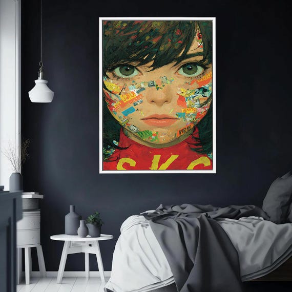 Collage Girl Portrait Canvas Modern Pop Art Wall Mixed Media Face Artwork Bold Urban Expressionist Poster Print
