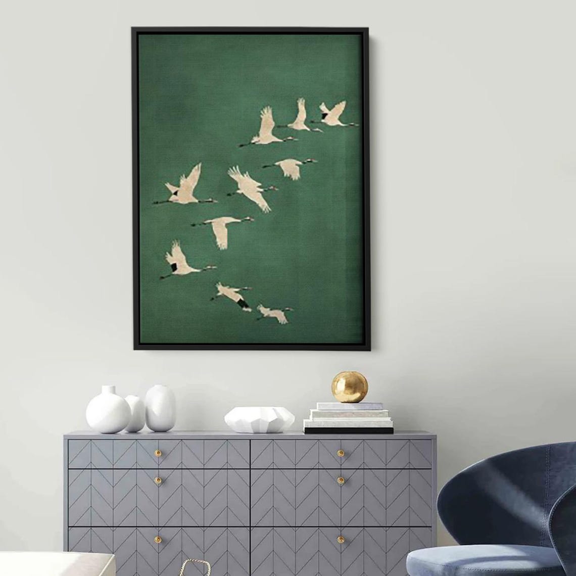 White Cranes In Flight Minimalist Japanese Style Bird Art Poster