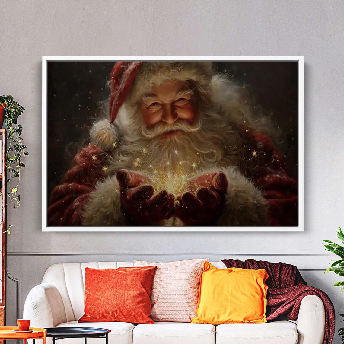 Santa Claus Holding Golden Christmas Magic Sparkling Lights Poster