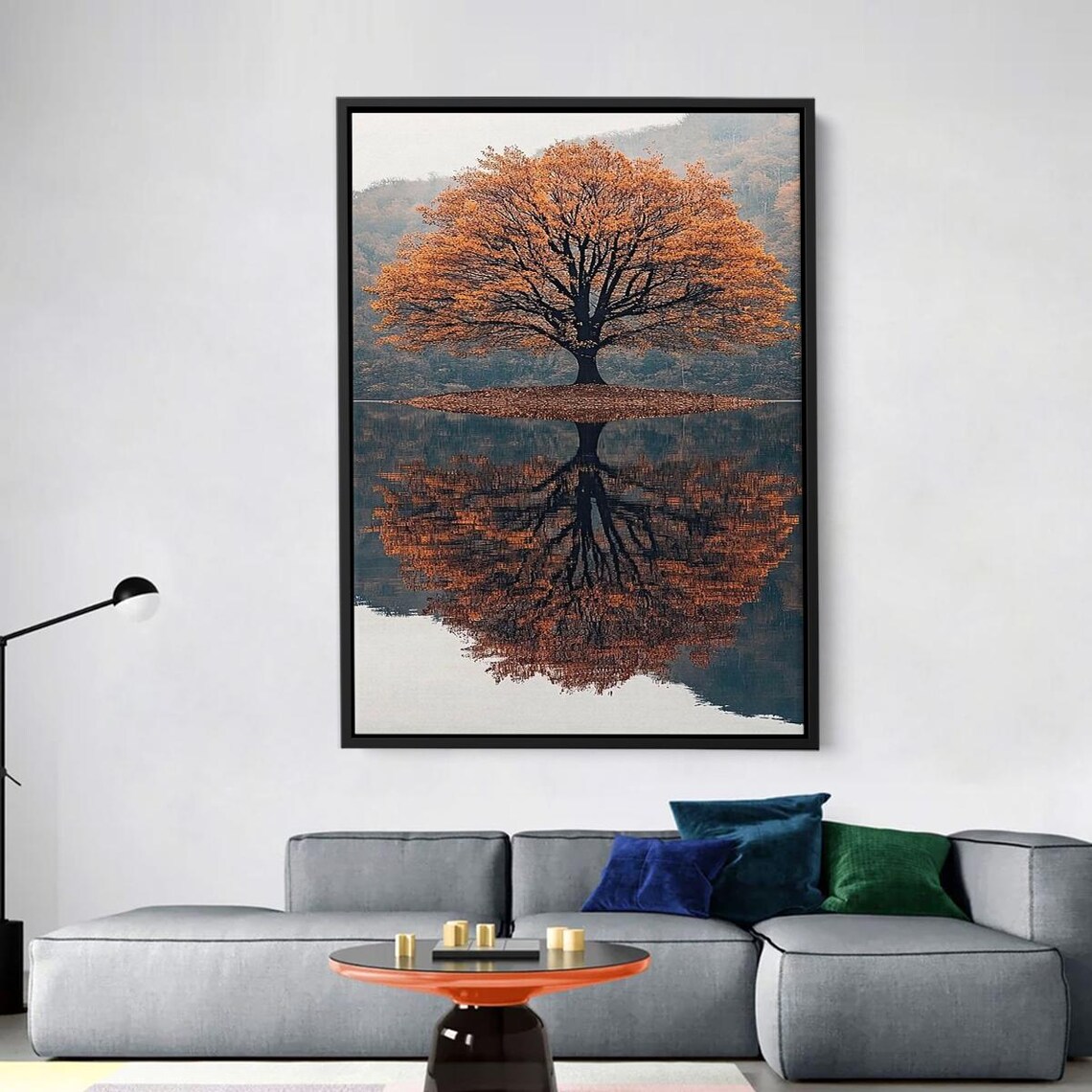 Autumn Tree Reflection Canvas Serene Nature Wall Art Fall Colors Lake Landscape Print Tranquil Scenery Artwork For Living Room Decor