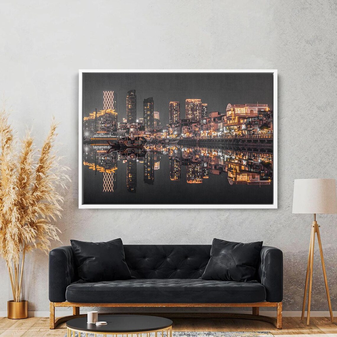 Night Cityscape Wall Art Skyline Reflection Poster Modern Urban Lights Print Waterfront City Architecture Decor