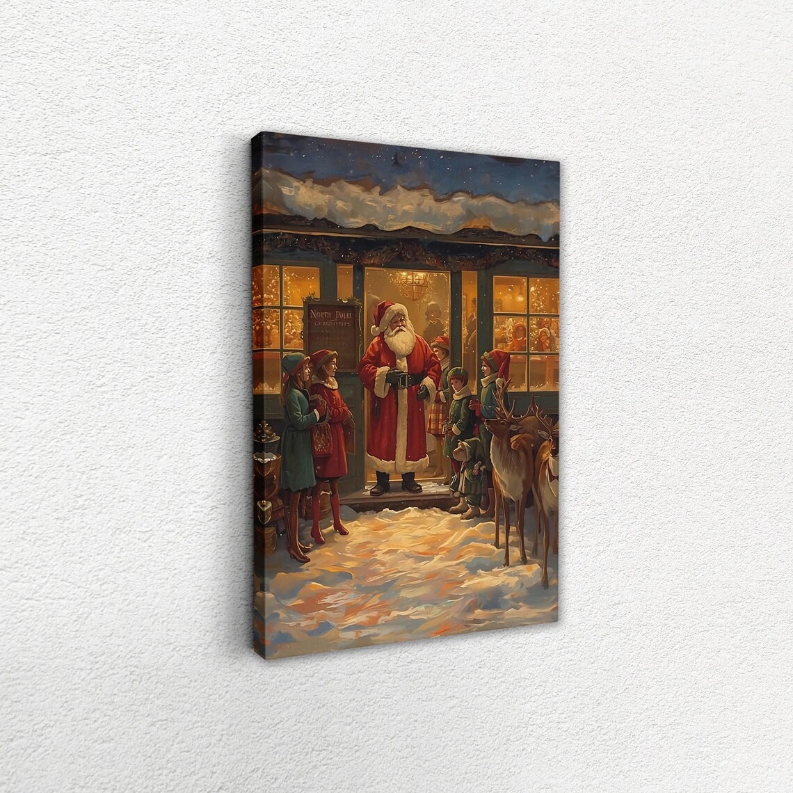 Santa Claus Children Reindeer Snowy Christmas Night Scene Poster