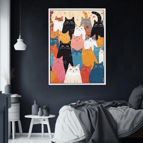 Cute Colorful Cats Pattern Illustration Modern Feline Decor Poster