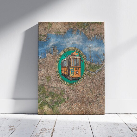 Vintage Istanbul Tram Canvas Retro Turkish City Map Wall Art Nostalgic Taksim Illustration For Urban Home Decor