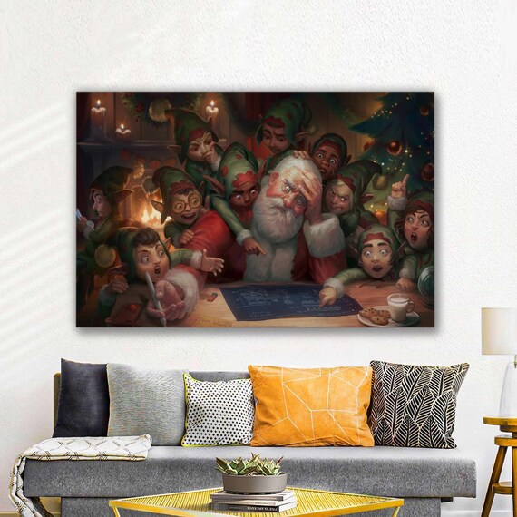 Santa Claus And Elves Funny Christmas Preparation Festive Holiday Scene Canvas Print Comic Xmas Wall Art