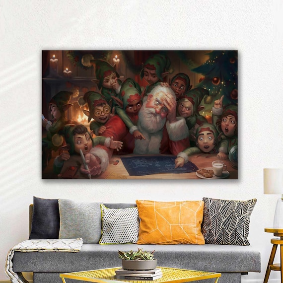 Stressed Santa and Elves Planning Christmas Workshop Scene Poster
