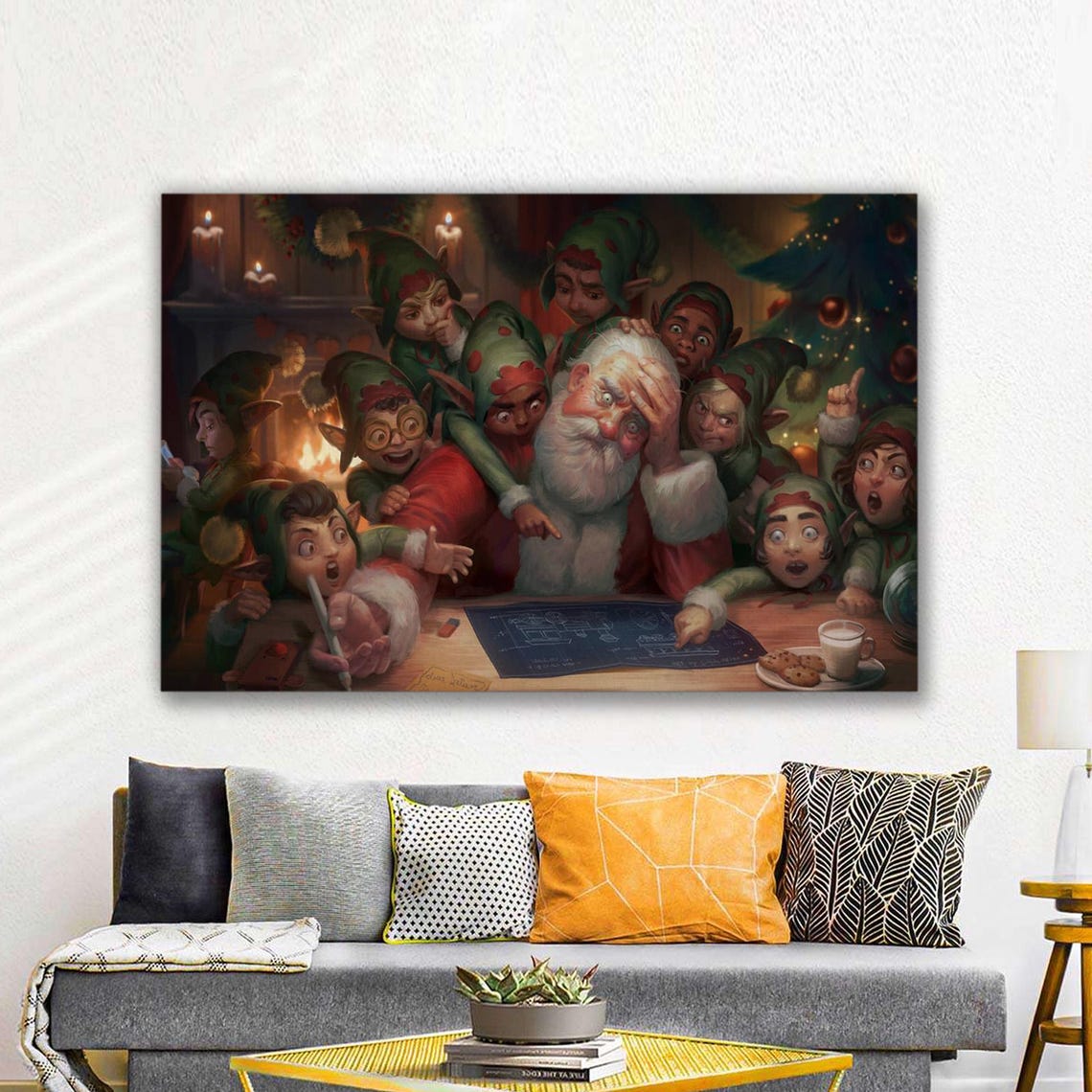 Stressed Santa and Elves Planning Christmas Workshop Scene Poster