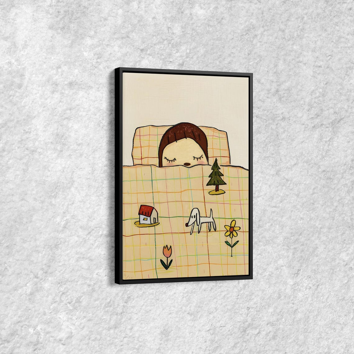 Sleeping Child Dreamy Doodle Quilt Whimsical Sweet Nursery Wall Art