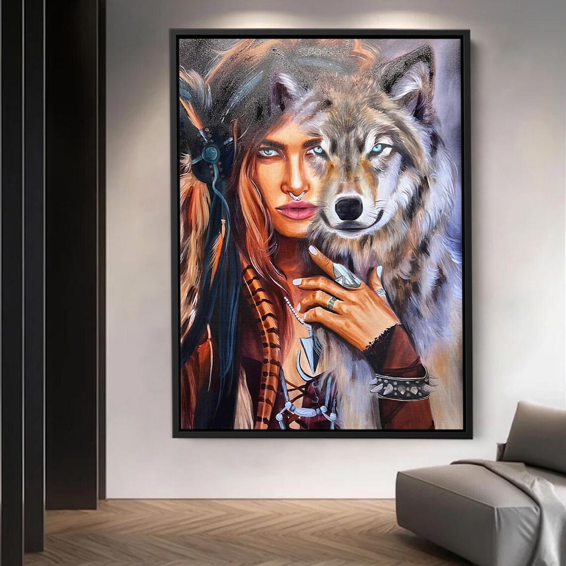 Boho Wolf Woman Spiritual Tribal Style Fantasy Portrait Art Poster