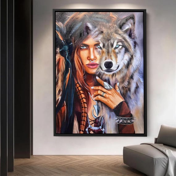 Boho Wolf Woman Canvas Spiritual Animal Wall Art Tribal Style Poster Mystical Home Decor For Living Room