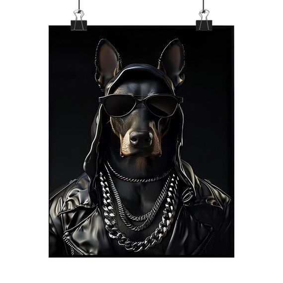 Paper Poster Cool Doberman Dog Portrait In Gangster Style Funny Hiphop Wall Art For Lovers Pet Canvas Or Print