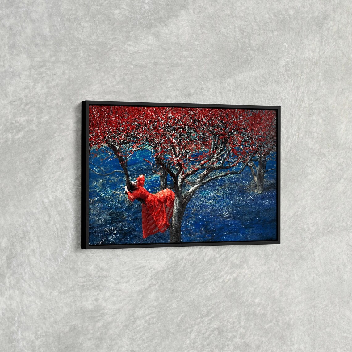 Woman In Red Dress Surreal Red Trees Blue Lake Fine Art Poster