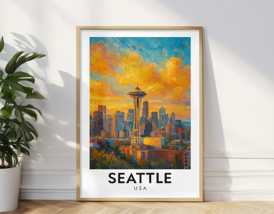 Seattle USA Space Needle Sunset Skyline Oil Painting Poster Art