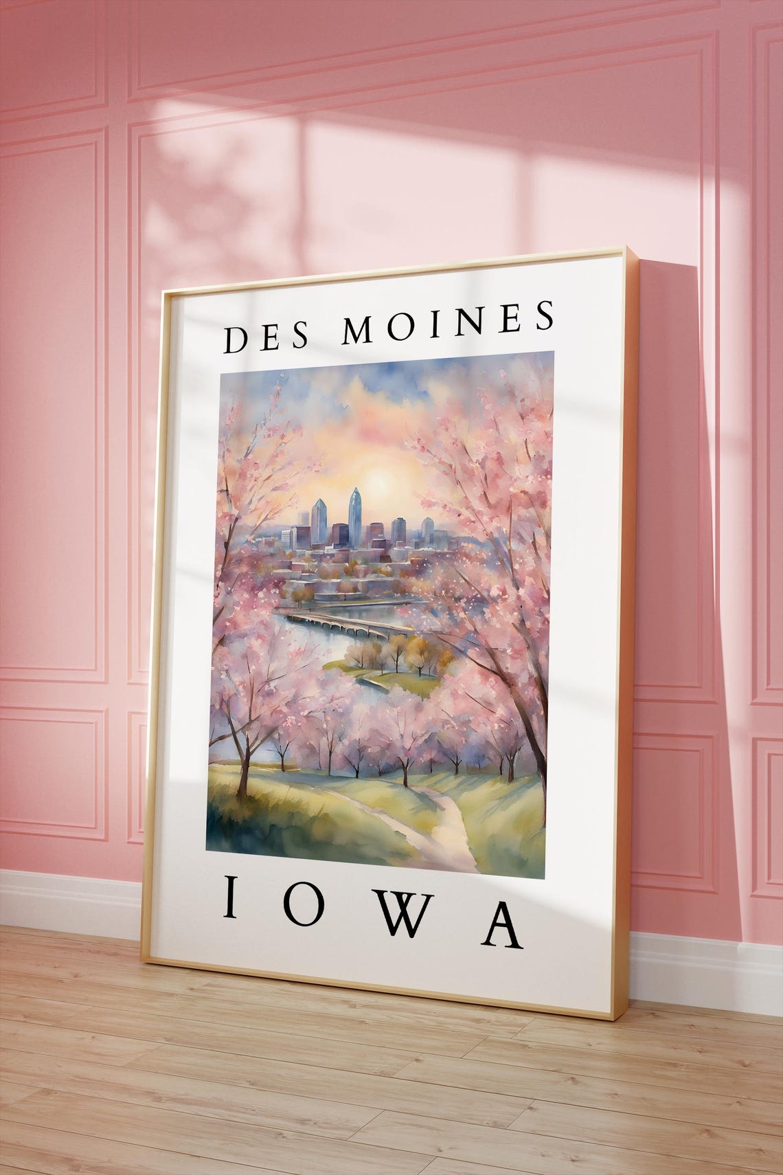 Des Moines Iowa Watercolor Art Print Scenic Cityscape Wall Spring Landscape Home Decor