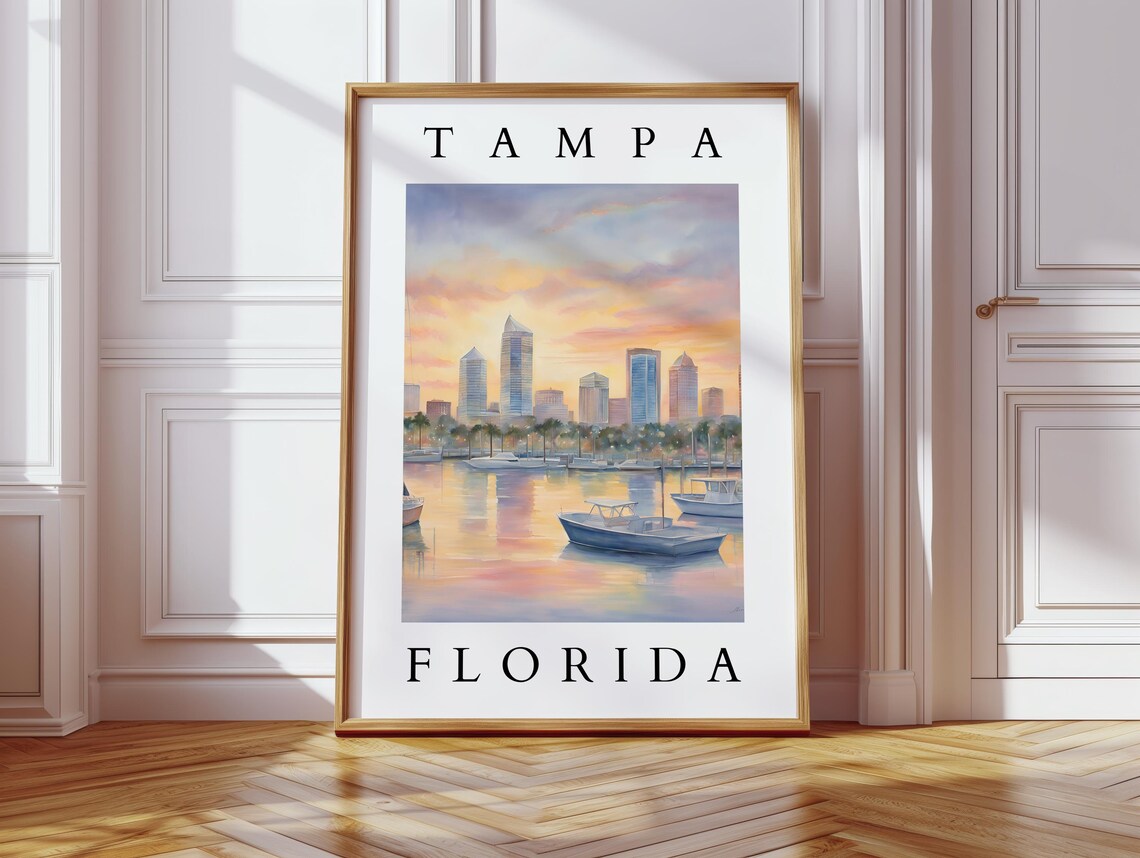 Tampa Florida Skyline Sunset Harbor Boats Watercolor Travel Poster