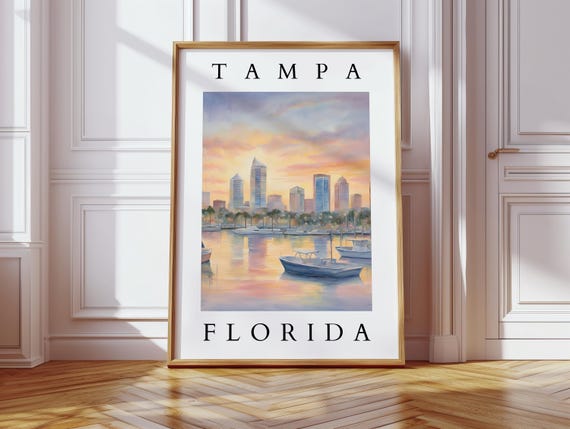 Tampa Florida Watercolor City Skyline And Waterfront Art Coastal For Home Office Decor