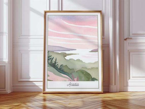 Acadia Maine Pink Coastal Hills Green Watercolor National Park Poster
