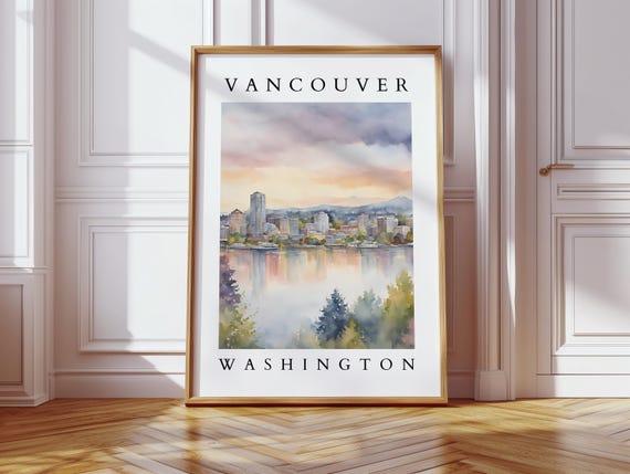 Vancouver Washington Watercolor Pacific Northwest Wall Art Skyline Instant Cityscape Print