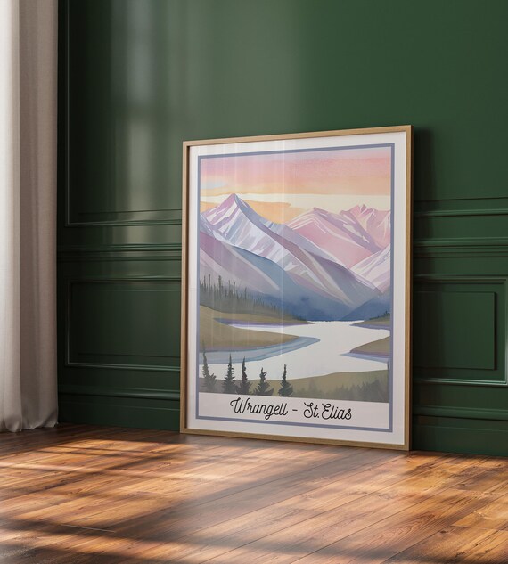 Wrangell St Elias Alaska National Park Watercolor Mountain Sunset Poster