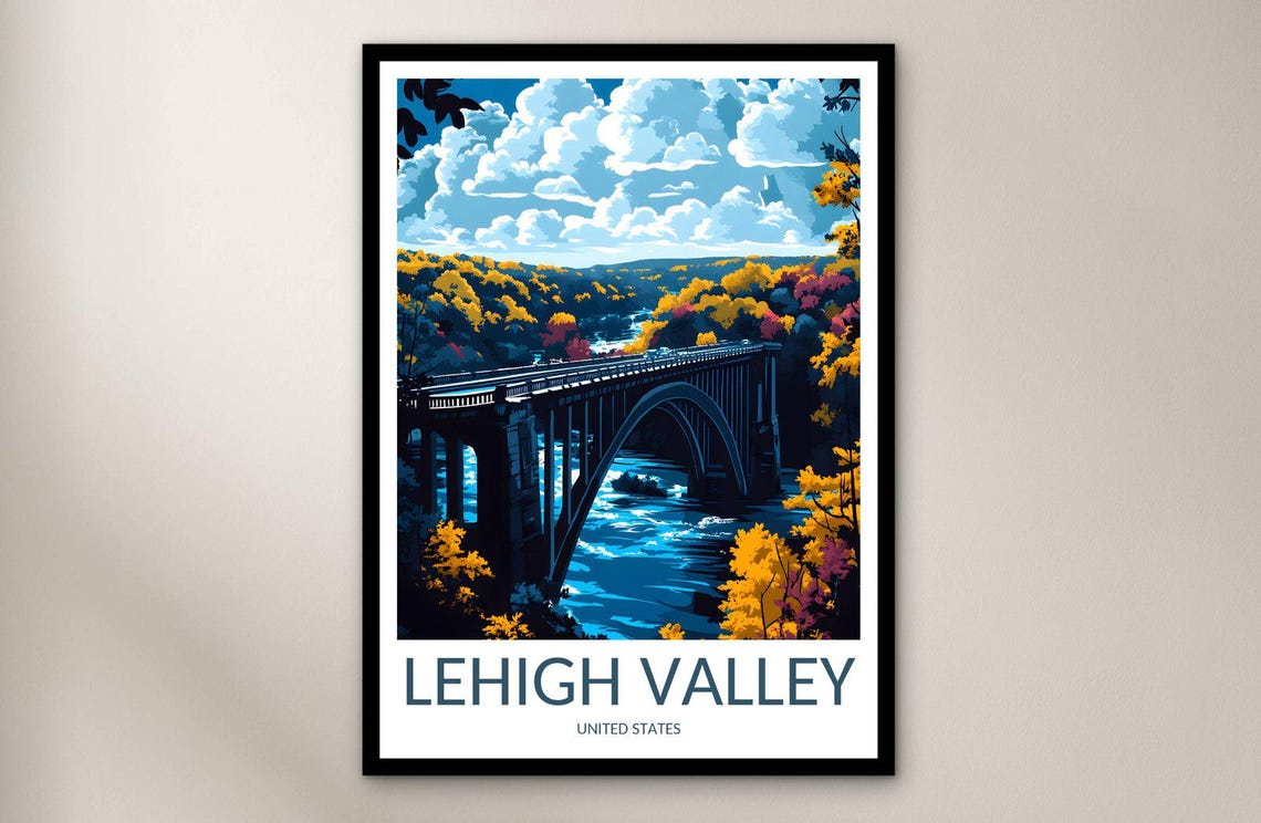 Lehigh Valley Stone Arch Bridge Autumn River Scenic Travel Poster