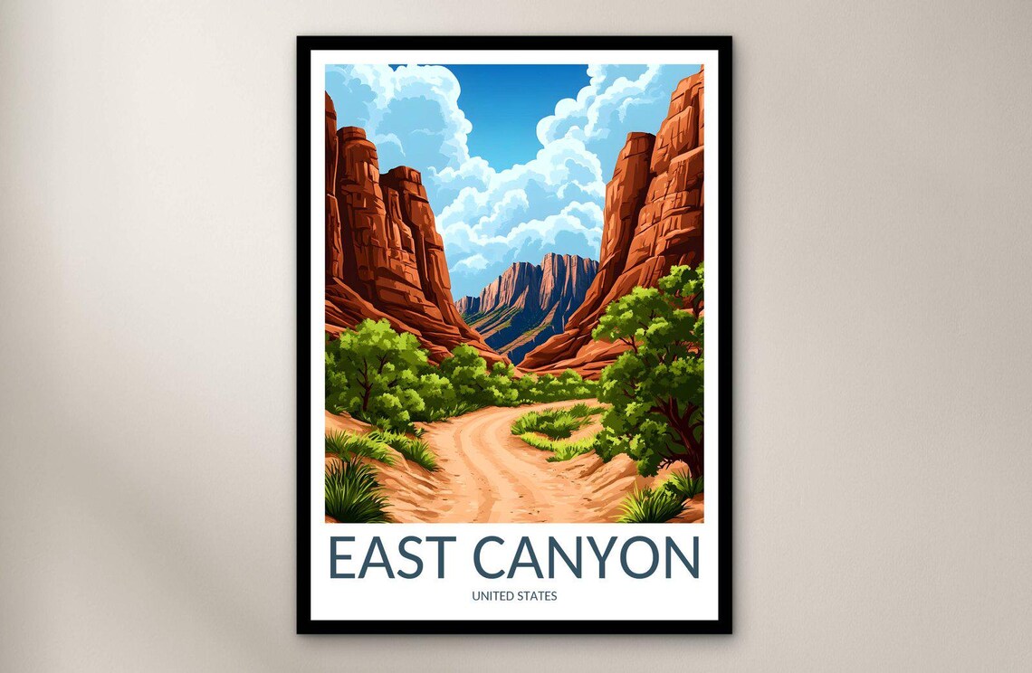 East Canyon Red Rock Desert Trail Green Trees Scenic Travel Poster