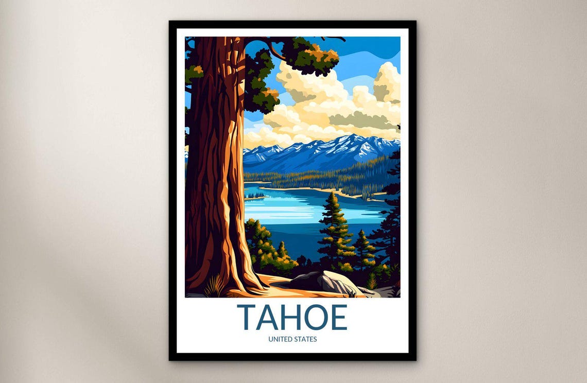 Lake Tahoe Sierra Nevada Pine Tree Shoreline Scenic Travel Poster