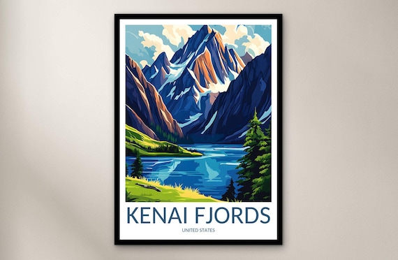 Kenai Fjords Alaska Glacial Peaks Blue Lake Scenic Vintage Travel Poster