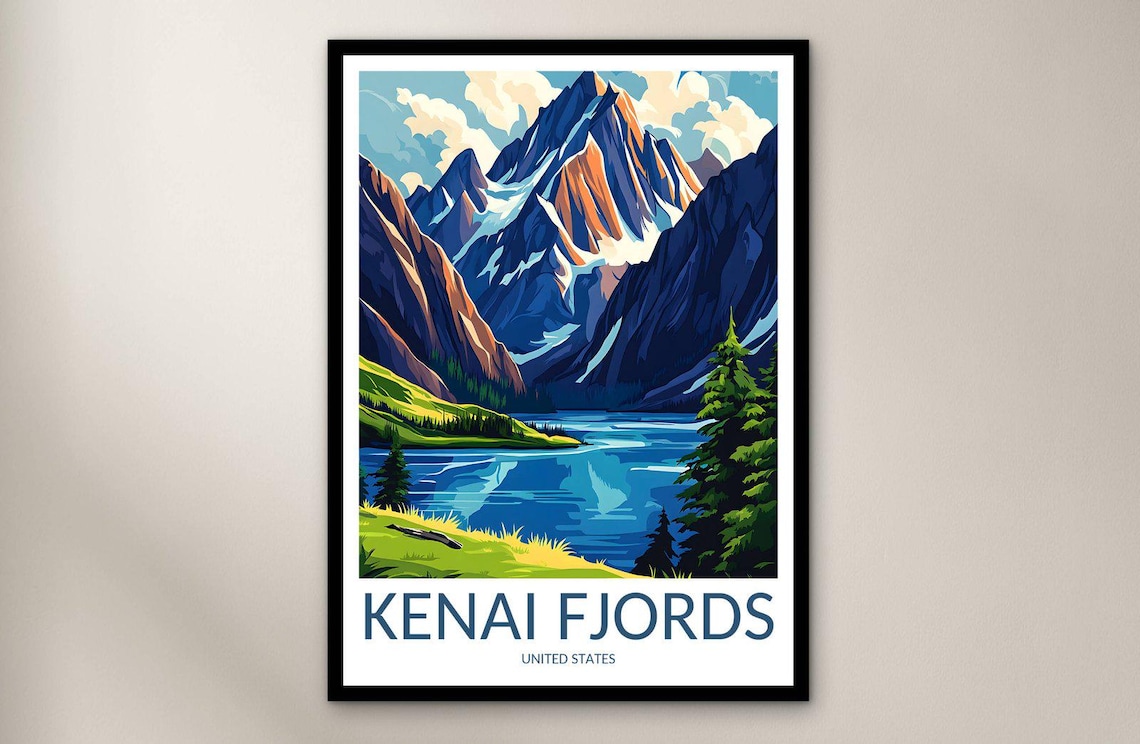 Kenai Fjords Alaska Glacial Peaks Blue Lake Scenic Vintage Travel Poster
