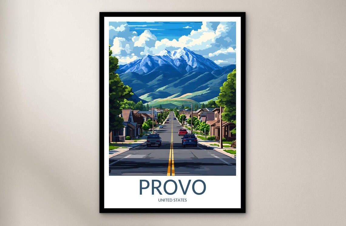 Provo Neighborhood Street Snow Capped Peak Scenic Travel Poster