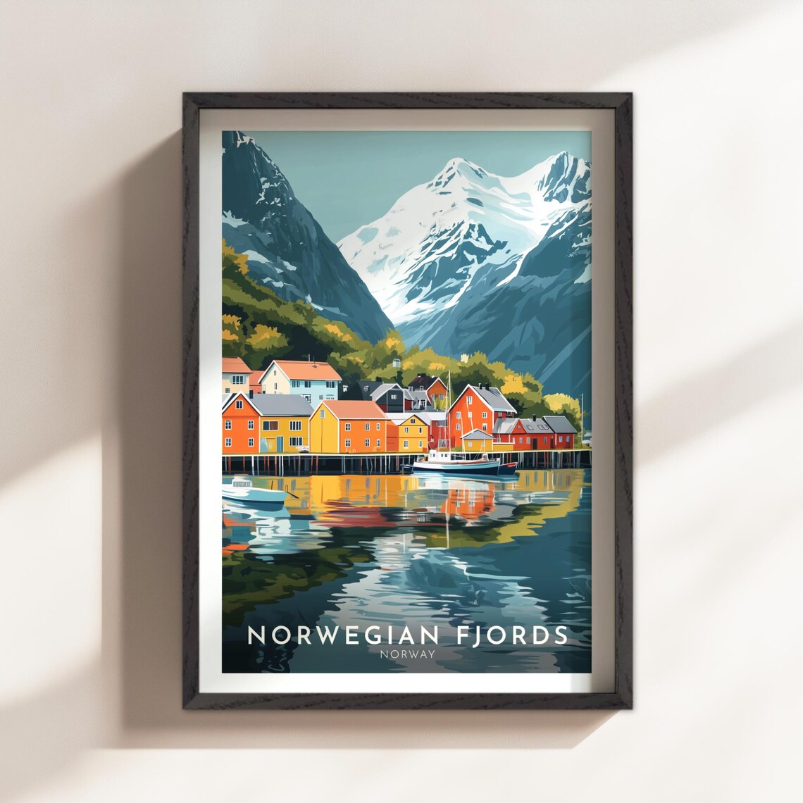 Norwegian Fjords Norway Snowy Mountains Harbor Village Travel Poster