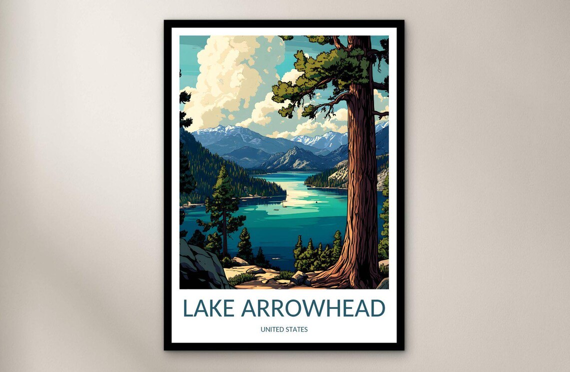 Lake Arrowhead Pine Lake Mountain View Scenic Travel Poster Art