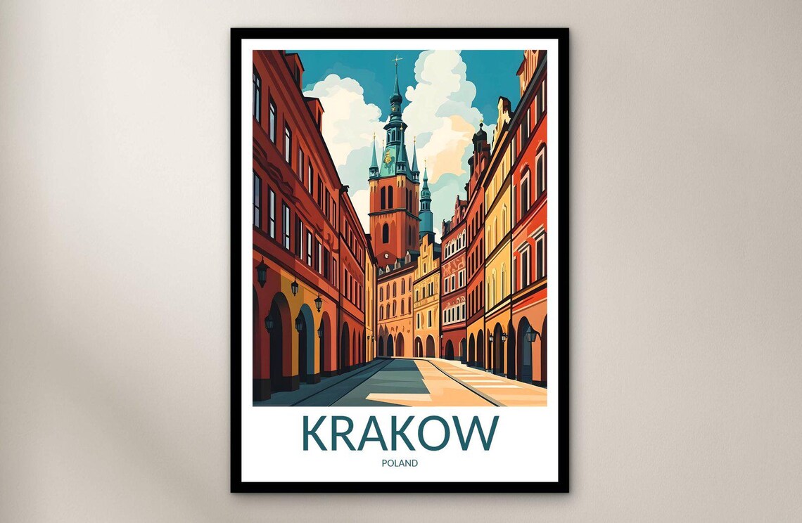Krakow Old Town Street Twin Church Towers Vintage Travel Poster