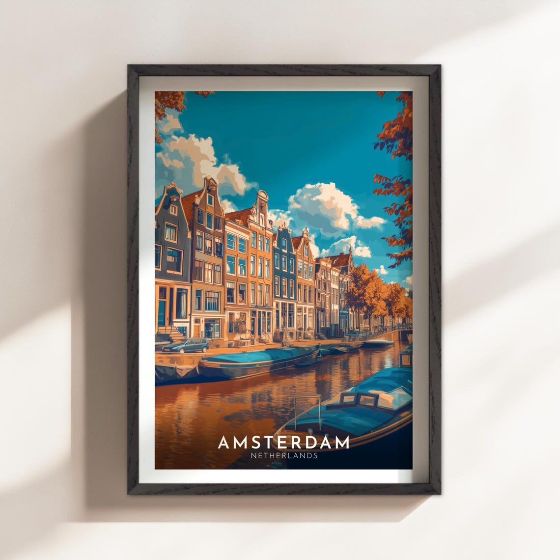 Amsterdam Netherlands Canal Boats Historic Houses Sunny Travel Poster