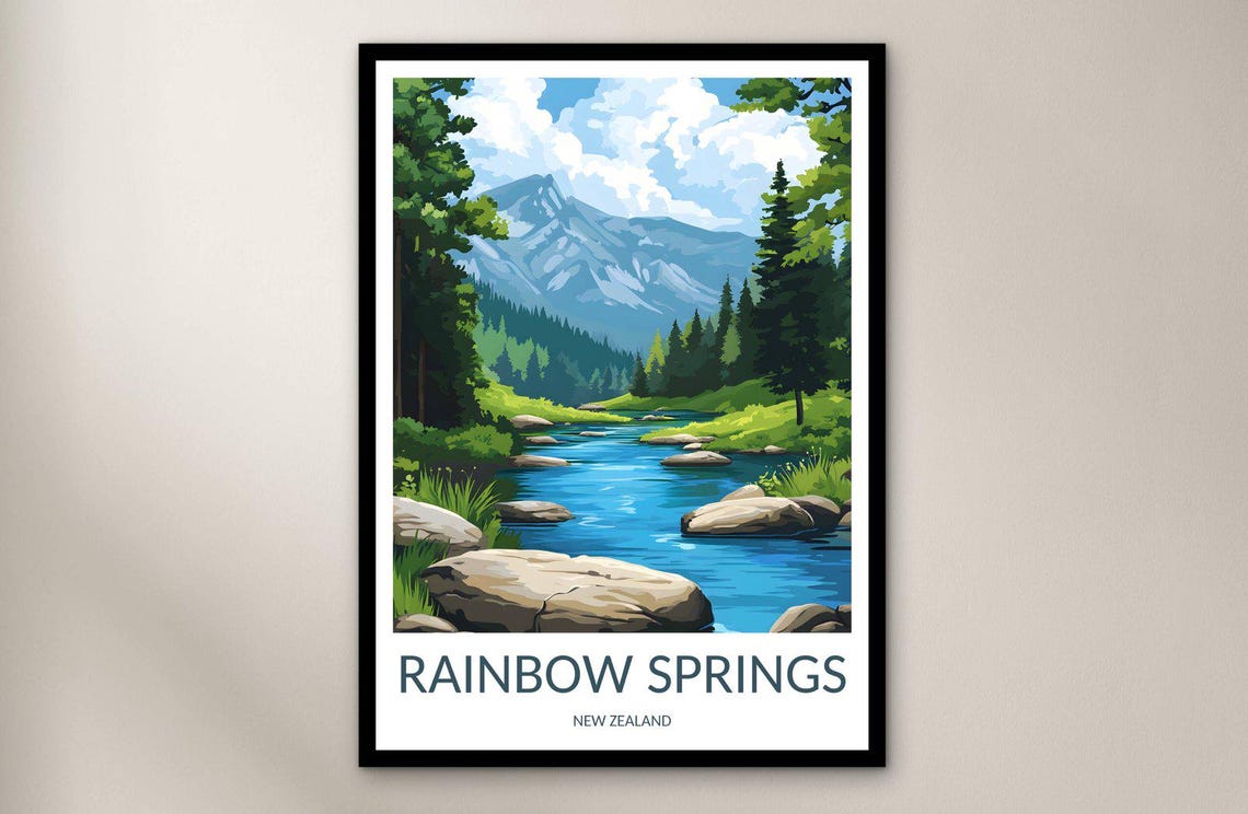 Rainbow Springs New Zealand Forest Stream Rocks Snowy Peak Art Poster