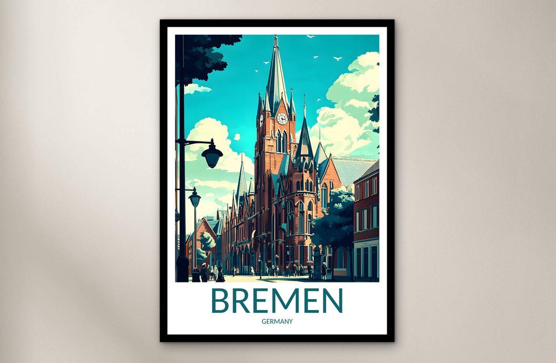 Bremen Germany Red Brick Church Clock Tower Retro Travel Poster