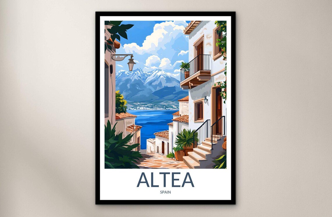 Altea Whitewashed Street Sea Mountain View Vintage Travel Poster