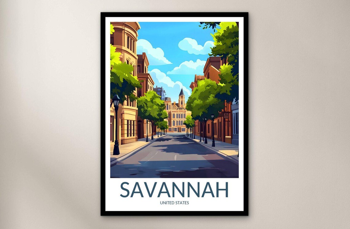 Savannah Georgia Historic Street Tree Lined Avenue Travel Poster