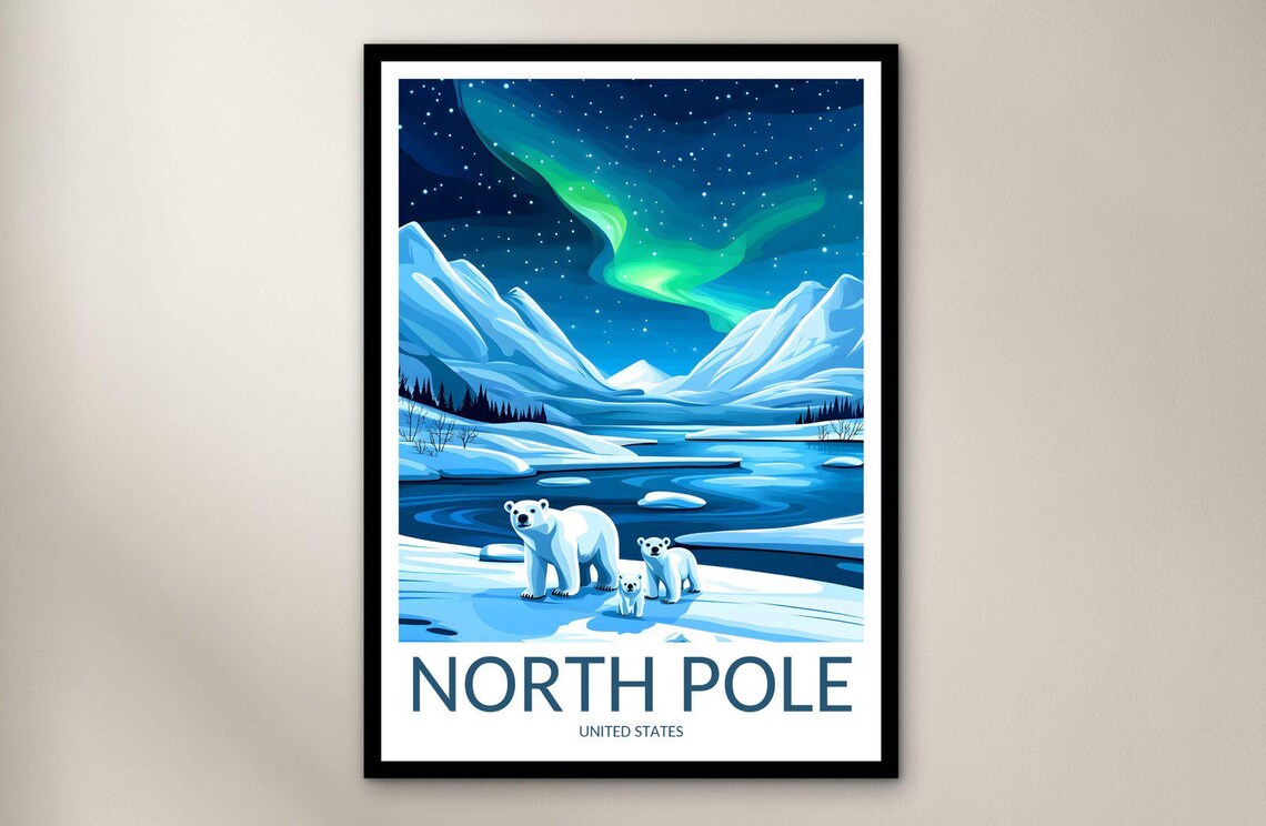 North Pole United States Arctic Aurora Polar Bear Travel Poster