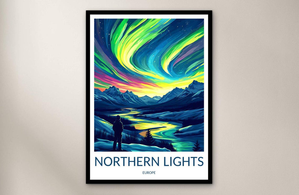 Northern Lights Europe Aurora Mountains Night Sky Travel Poster