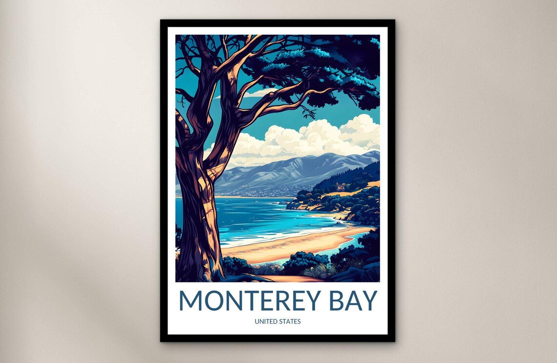 Monterey Bay California Cypress Tree Beach Daylight Travel Poster