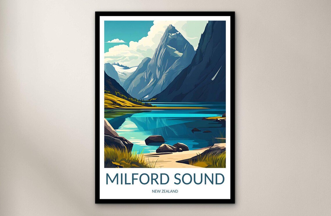 Milford Sound New Zealand Fjord Peaks and Water Vintage Travel Poster