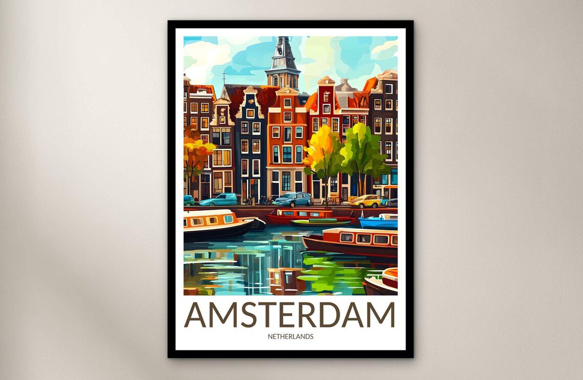 Amsterdam Netherlands Canal Houses Boats Summer Day Travel Poster