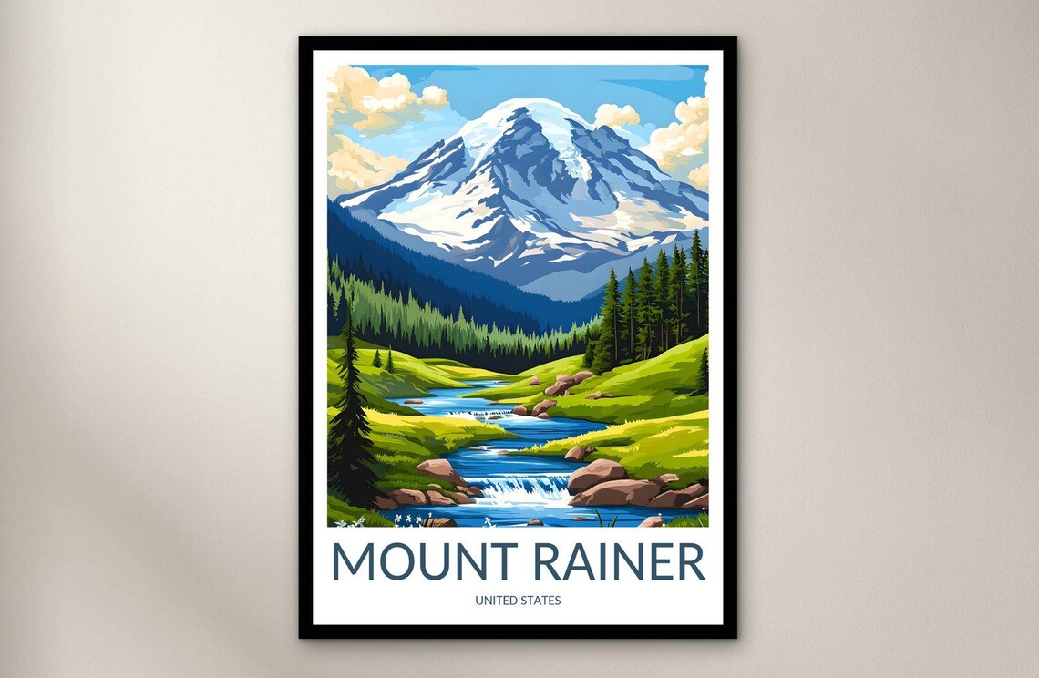 Mount Rainer United States Alpine River Waterfall Vintage Travel Poster