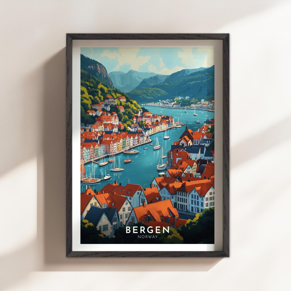 Bergen Norway Historic Harbor Red Roofs Sailboats Travel Poster