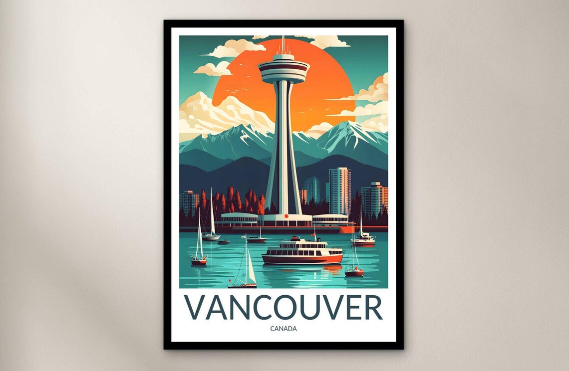 Vancouver Canada Harbour Tower Sunset Boats Vintage Travel Poster